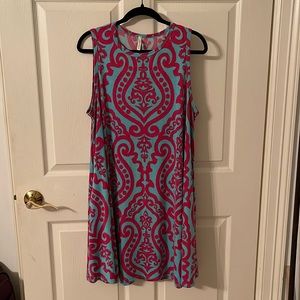 Sleeveless boutique dress in turquoise and hot pink - with pockets!!